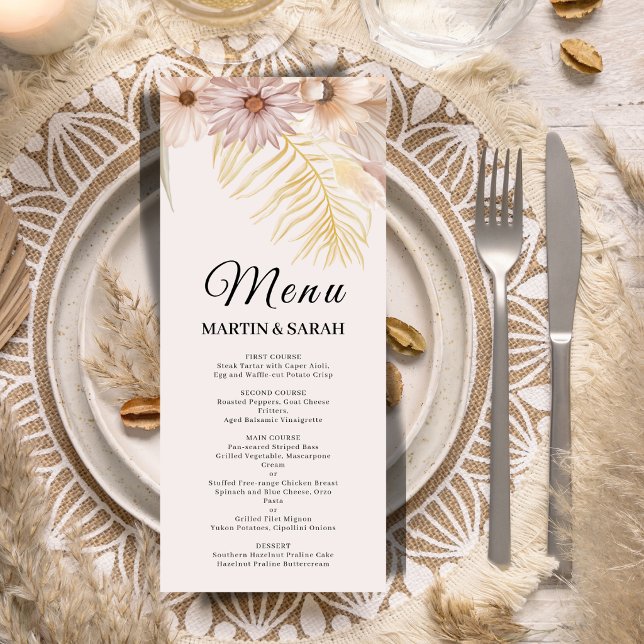 Cartão de Menu de Casamento Botânico Boho Neutro (Criador carregado)