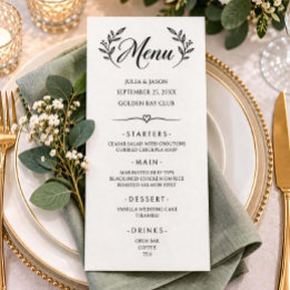 Cartão de Menu de Casamento Botânico com Caligrafi
