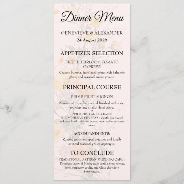 Cartão de Menu de Casamento Botânico de Flor Silve (Frente)