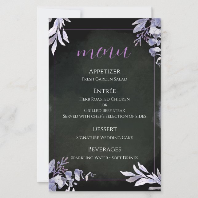 Cartão de Menu de Casamento Botânico de Lavanda (Frente)