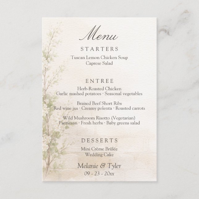 Cartão de Menu de Casamento Botânico Elegante (Frente)