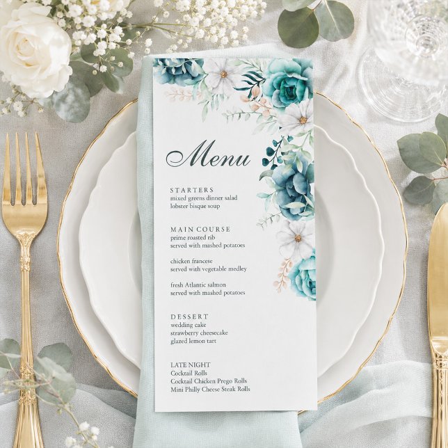 Cartão de Menu de Casamento Botânico Turquesa (Teal Botanical Wedding Menu Card)