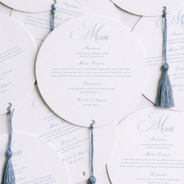Cartão de Menu de Casamento Branco e Azul Elegante