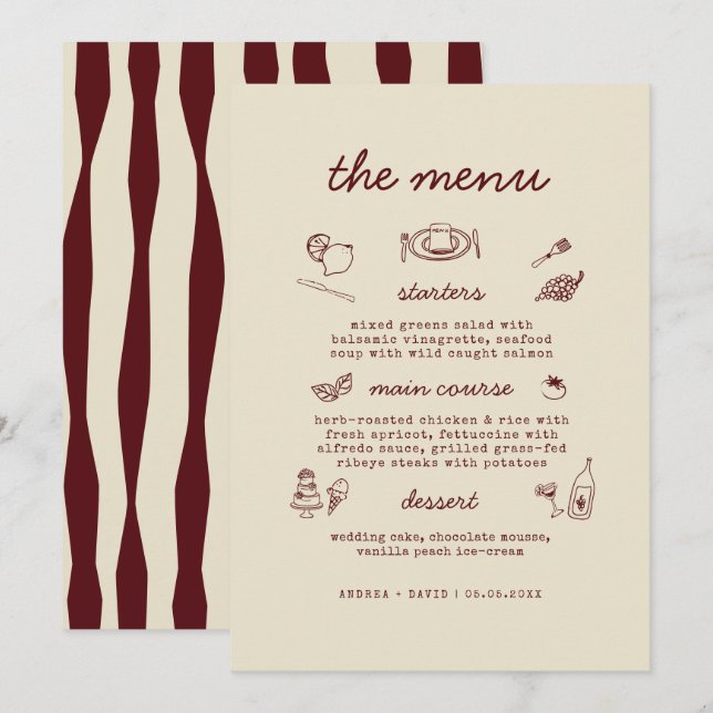 Cartão de Menu de Casamento Caprichoso Desenhado à (Frente/Verso)
