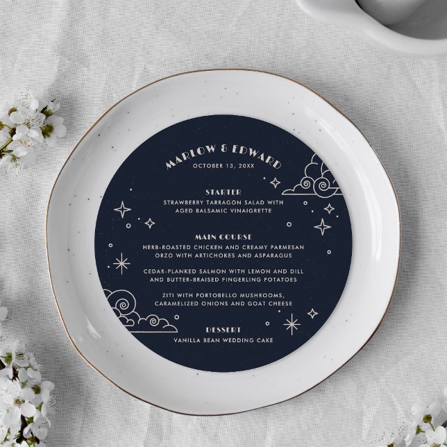 Cartão de Menu de Casamento Celestial Lua e Estrel (Criador carregado)