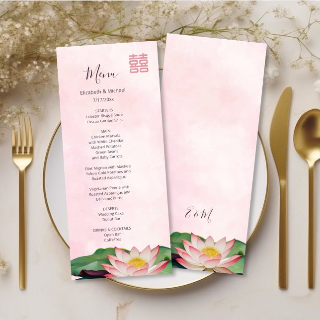 Cartão de Menu de Casamento Chinês com Lótus em Aq (Criador carregado)