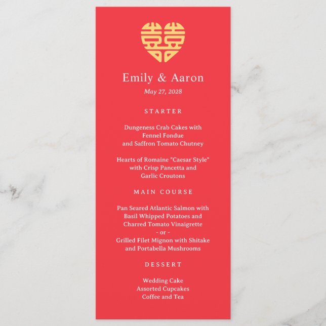 Cartão de Menu de Casamento Chinês de Dupla Felici (Frente)