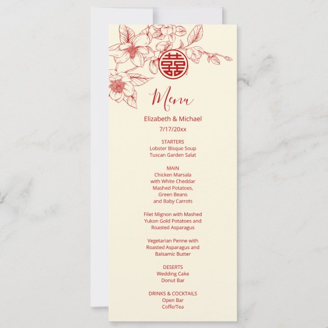 Cartão de Menu de Casamento Chinês Magnólia BILÍNG (Frente)