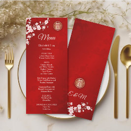 Cartão de Menu de Casamento Chinês Pink Red Cherry