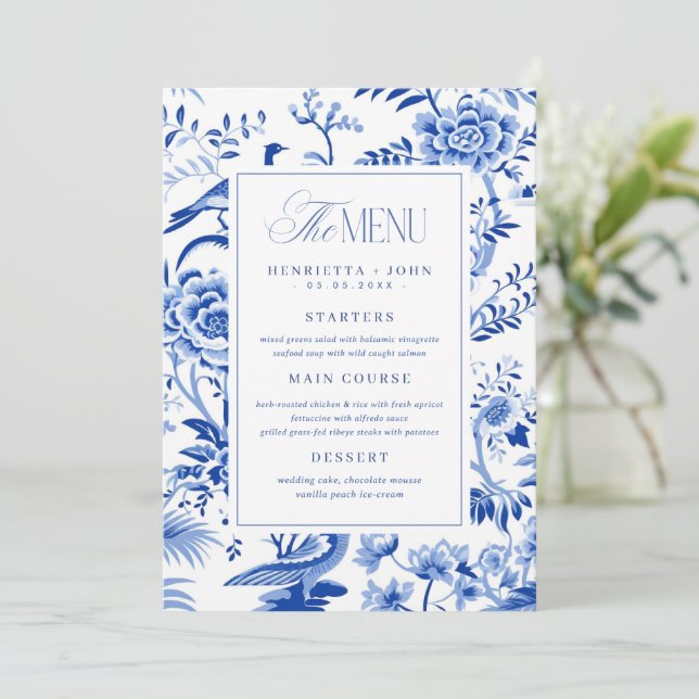Cartão de Menu de Casamento Chinoiserie de Pavão F (Em pé/Frente)
