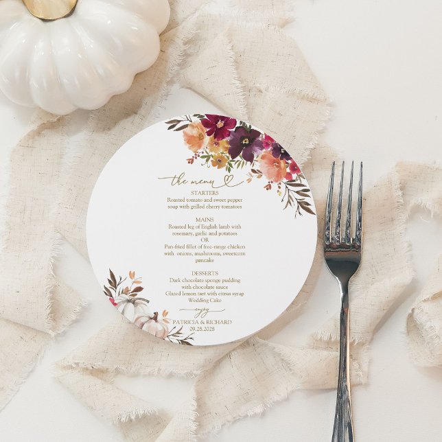 Cartão de Menu de Casamento Círculo da Abóbora do  (Criador carregado)