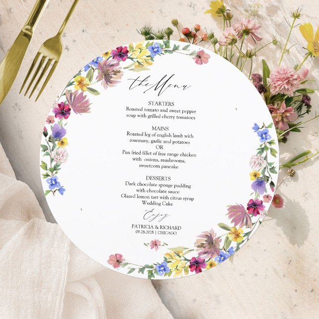 Cartão de Menu de Casamento Círculo de Flores Silv (Criador carregado)