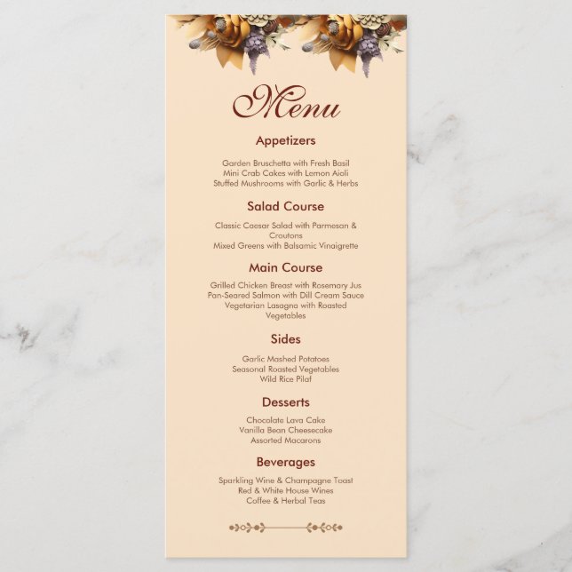 Cartão de Menu de Casamento Clássico Romance (Frente)
