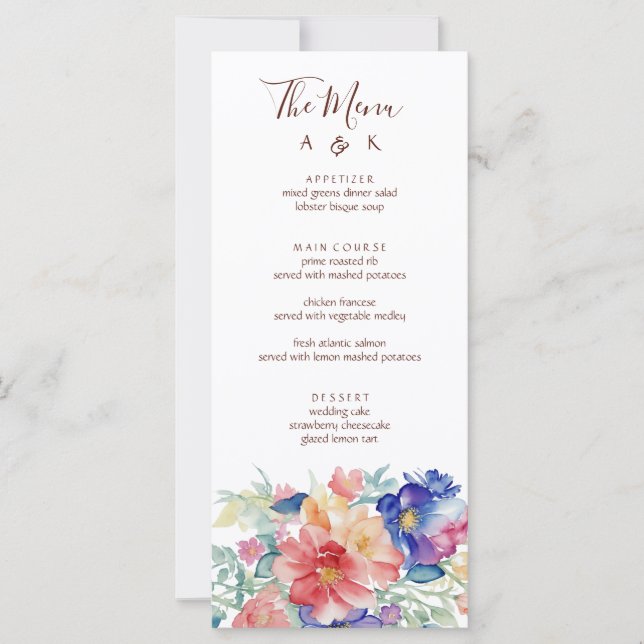 Cartão de Menu de Casamento com Aquarela Floral em (Frente)