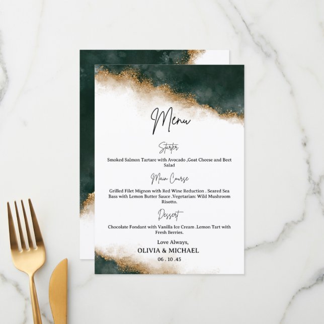 Cartão de Menu de Casamento com Aquarela Verde Esc (Frente/Verso In Situ)