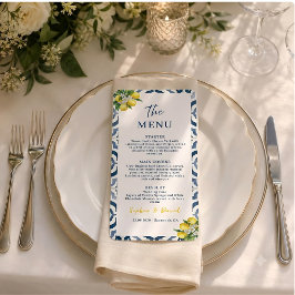 Cartão de Menu de Casamento com Azulejo Azul e Lim