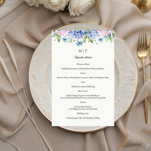 Cartão de Menu de Casamento com Borda de Hortênsia (Criador carregado)