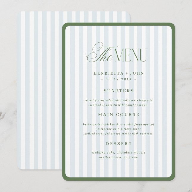 Cartão de Menu de Casamento com Borda de Listras V (Frente/Verso)