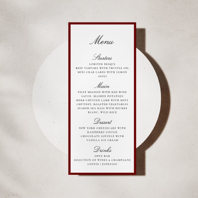 Cartão de Menu de Casamento com Borda Vermelho Int (Criador carregado)