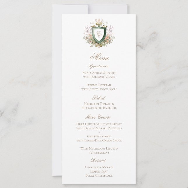 Cartão de Menu de Casamento com Crista de Monogram (Frente)