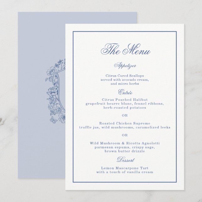 Cartão de Menu de Casamento com Crista Floral Vint (Frente/Verso)