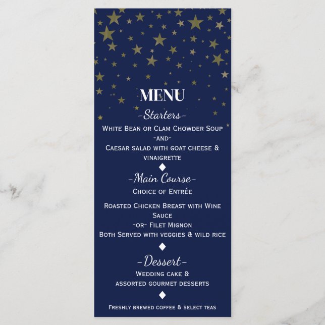 Cartão de Menu de Casamento com Estrelas Azuis e D (Frente)