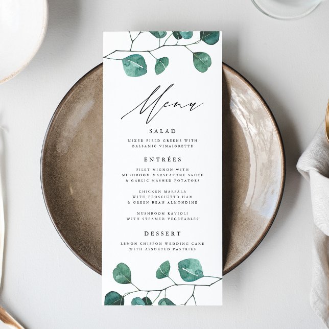 Cartão de Menu de Casamento com Folhagem de Eucali (Criador carregado)