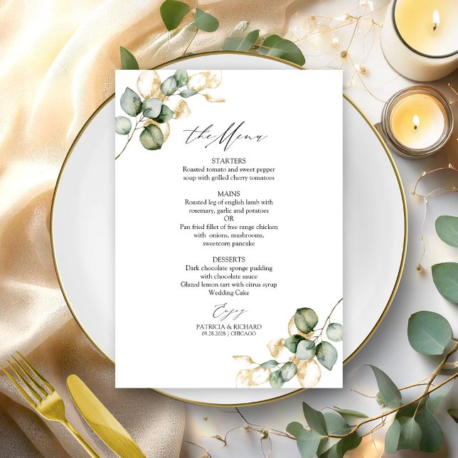 Cartão de Menu de Casamento com Folhagens em Doura (Criador carregado)