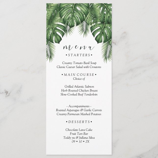 Cartão de Menu de Casamento com Folhas de Palmeira (Frente)