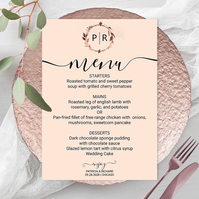 Cartão de Menu de Casamento com Foto e Monograma R (Criador carregado)