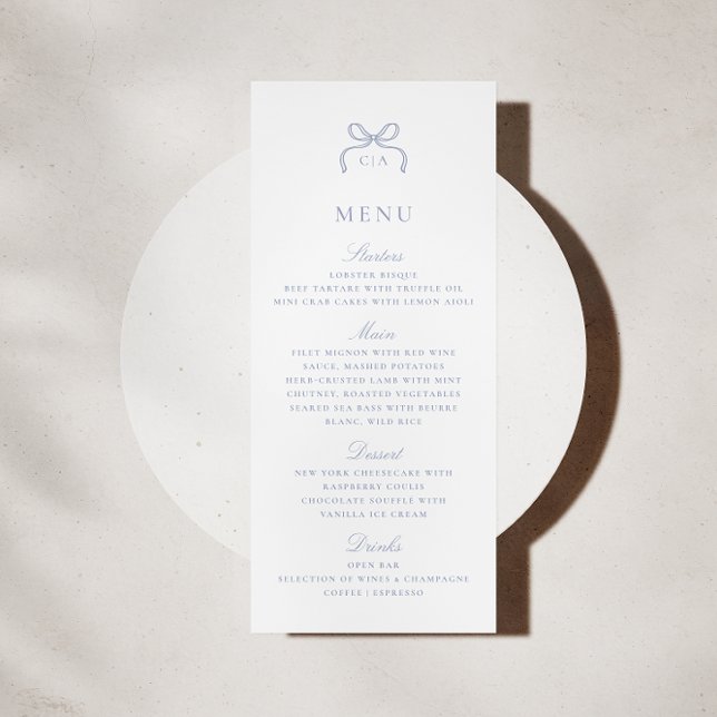 Cartão de Menu de Casamento com Laço Azul Monogram (Criador carregado)
