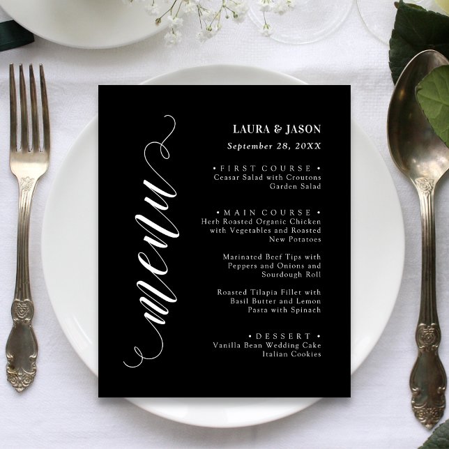 Cartão de Menu de Casamento com Letra Chique e Ele (Stylish script wedding menu card adds elegant flair to each place setting.)
