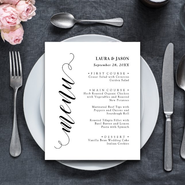 Cartão de Menu de Casamento com Letra Chique e Ele (Fancy script wedding menu card adds elegant charm to each place setting.)