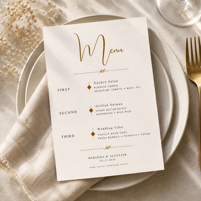 Cartão de Menu de Casamento com Letra Dourada (Criador carregado)