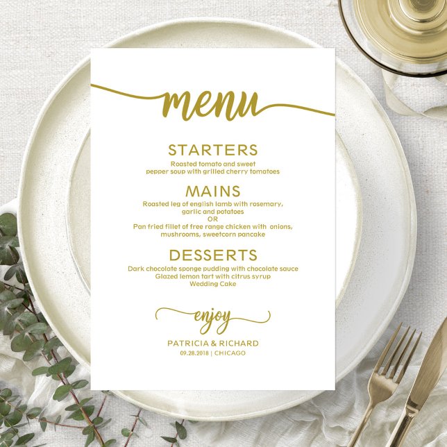 Cartão de Menu de Casamento com Letra Dourada Eleg (Criador carregado)
