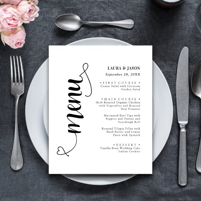 Cartão de Menu de Casamento com Letra Elegante e C (Elegant fancy script wedding menu card adds refined charm to each place setting.)