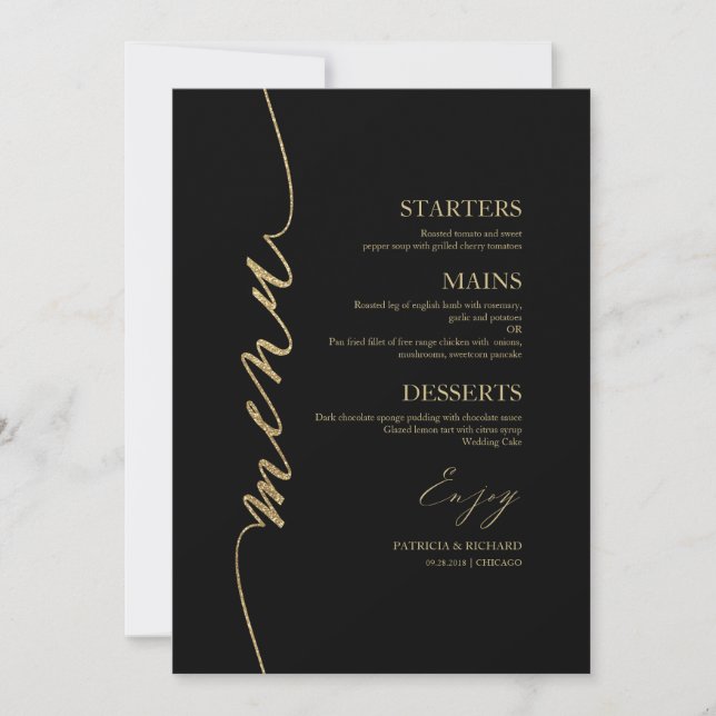 Cartão de Menu de Casamento com Letra Elegante par (Frente)