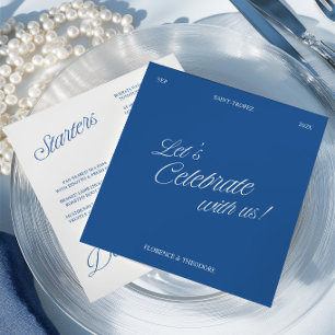 Cartão de Menu de Casamento com Letra Moderna Azul