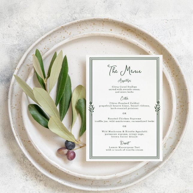 Cartão de Menu de Casamento com Listras Verde Oliv (Criador carregado)