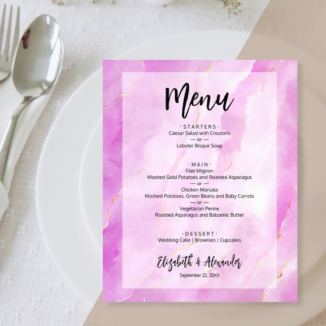 Cartão de Menu de Casamento com Mármore Roxo Doura (Criador carregado)