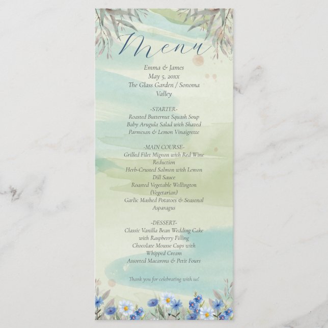 Cartão de Menu de Casamento com Moldura de Flor Si (Frente)