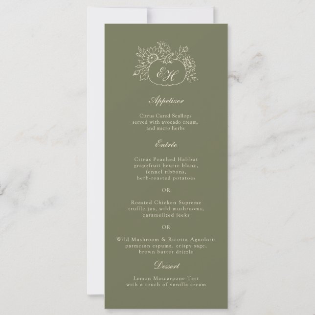 Cartão de Menu de Casamento com Monograma Olive Sa (Frente)
