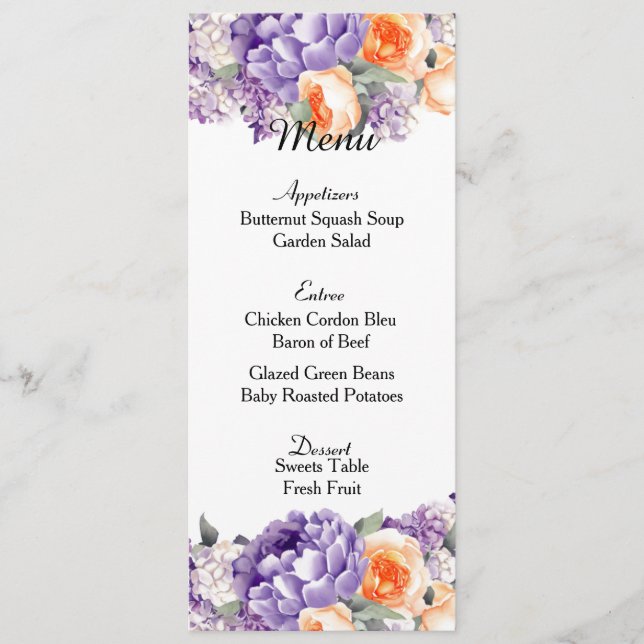 Cartão de Menu de Casamento com Peônias Rosa Velho (Frente)
