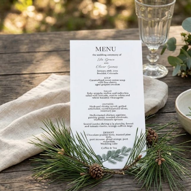 Cartão de Menu de Casamento com Ramagem de Pinheir (Criador carregado)