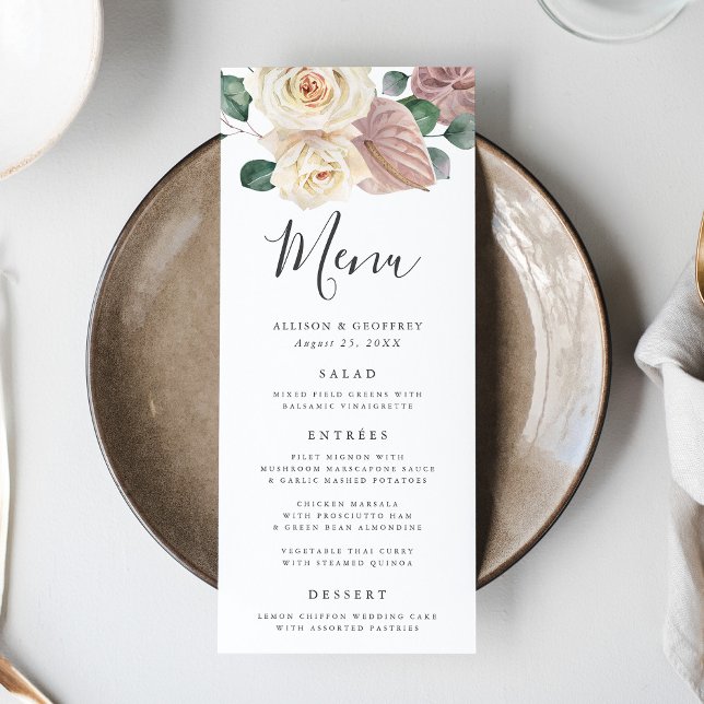 Cartão de Menu de Casamento com Rosas e Orquídeas  (Criador carregado)