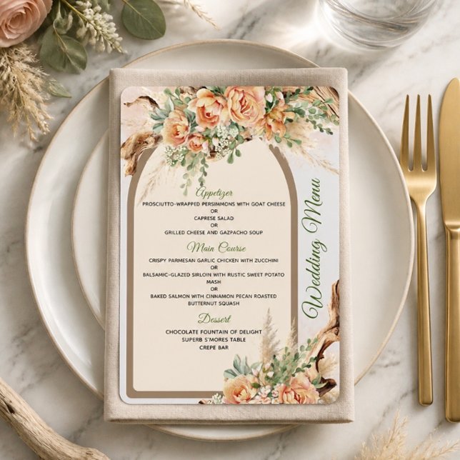 Cartão de Menu de Casamento com Rosas Pêssego e Ma (Criador carregado)
