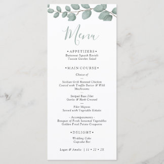 Cartão de Menu de Casamento com Verde de Eucalipto