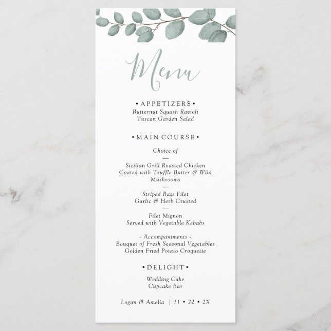 Cartão de Menu de Casamento com Verde de Eucalipto (Frente)