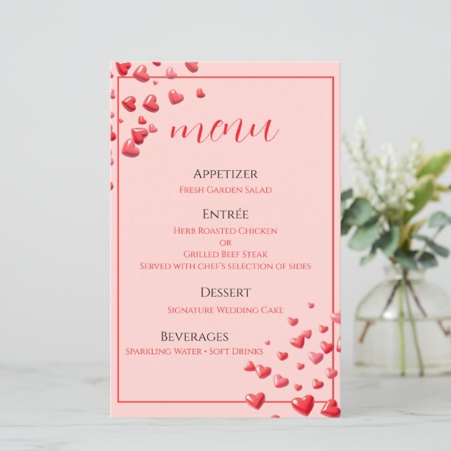 Cartão de Menu de Casamento Corações Vermelhos (Em pé/Frente)