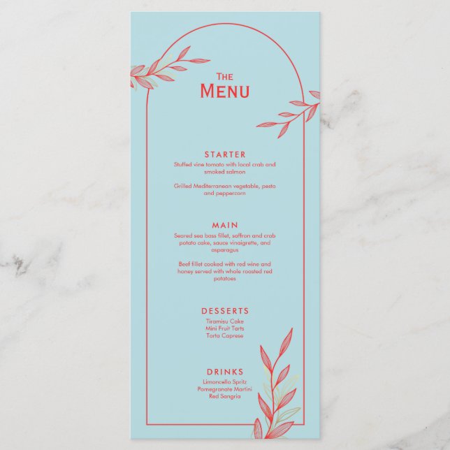Cartão de Menu de Casamento Costeiro Azul Gelo (Frente)